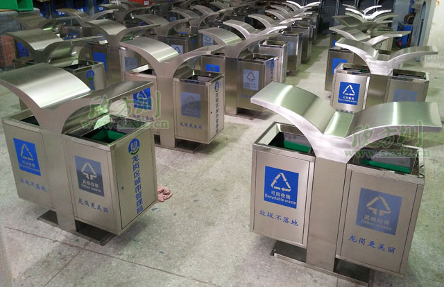 深圳龙岗城管局展翅不锈钢分类垃圾桶批量生产图